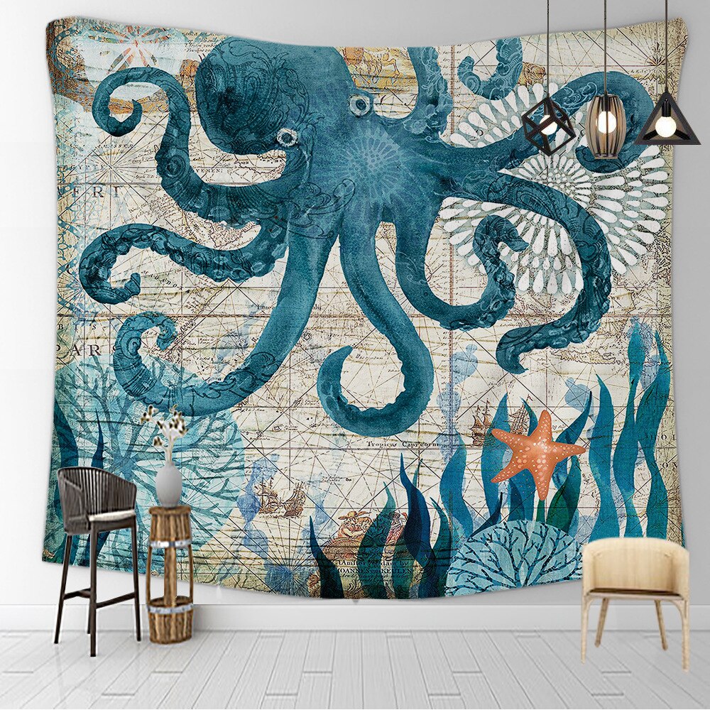 Tortue de mer hippocampe baleine poulpe vie marine océan tenture trippante tapisserie murale décoration faite à la main art chambre salon dortoir: 5 / 150cm x 200cm