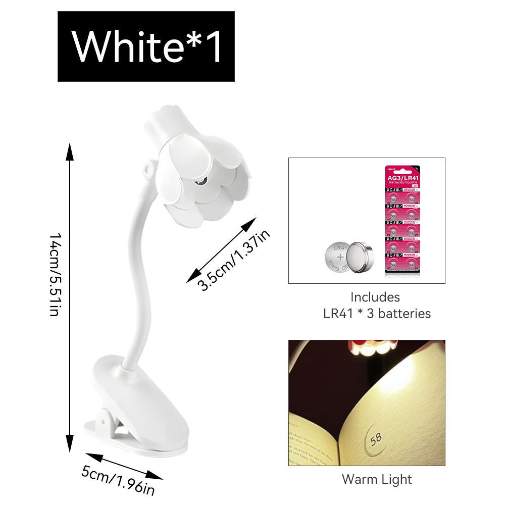 1pc justerbare klokkeformede led-boklamper med klips, dekorativ bordlampe for skrivebord, øyebeskyttelse for boklesing: Hvit