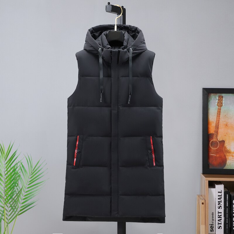 Winter Mannen Vest Grote Maat 5XL Lange Jas Hoed Afneembare Vesten Thicken Warm Mouwloze Jassen Winddicht Parka Heren Kleding: 5XL 85-95KG