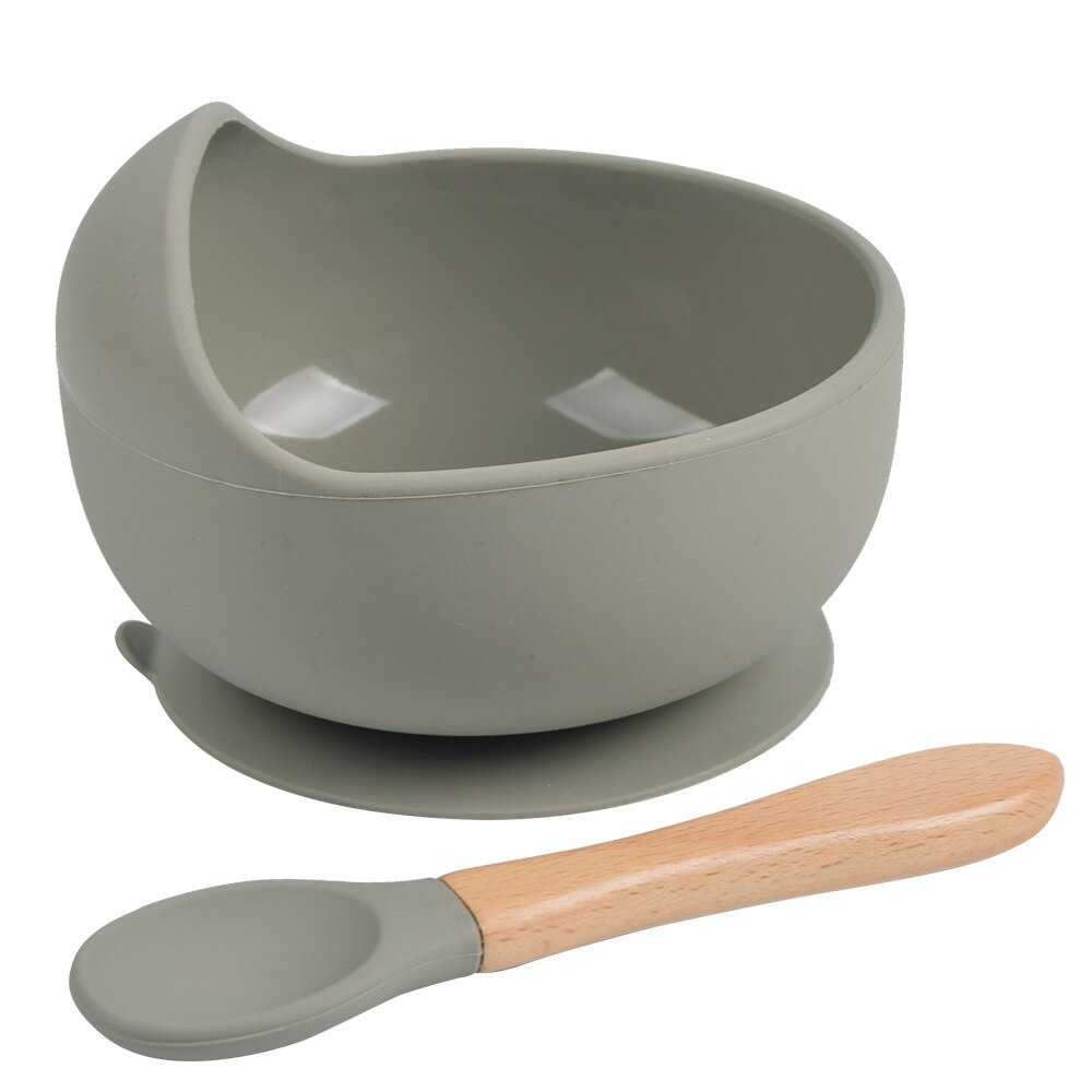 Tazón de silicona para bebé, vajilla de alimentación, cuchara de madera, cuenco de succión impermeable, platos antideslizantes, productos de cocina: Dark Grey