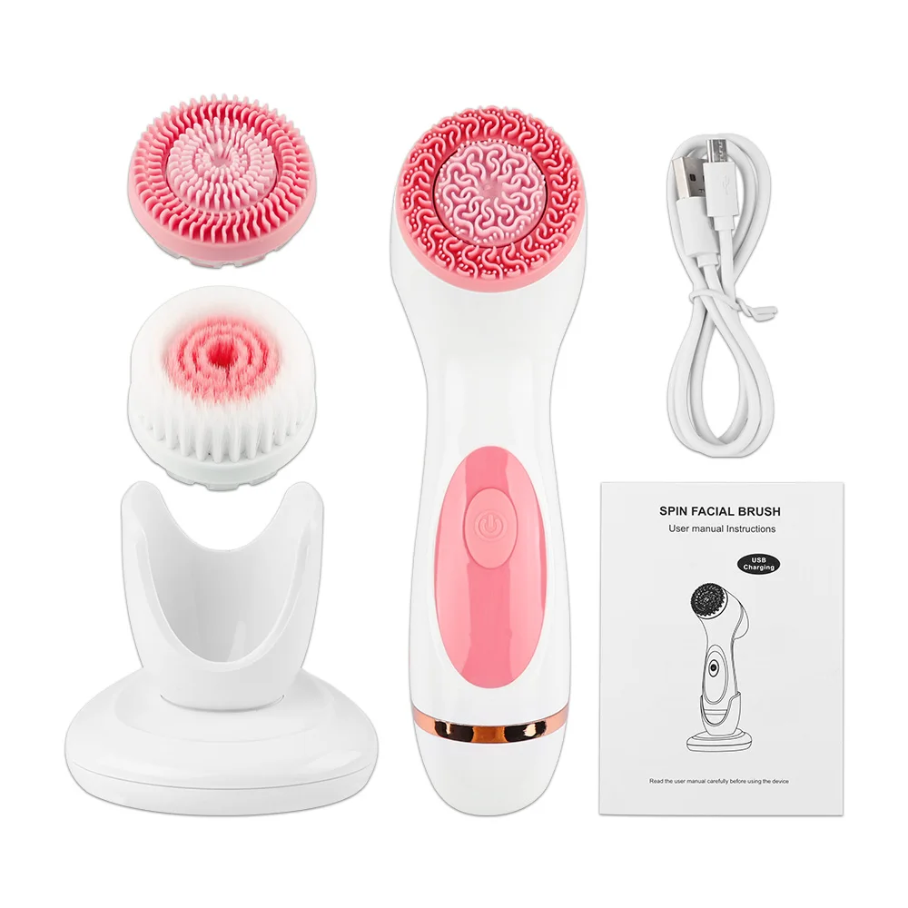 Cepillo de limpieza eléctrico 3 en 1, limpiador Facial ultrasónico, masajeadores faciales, cepillo de limpieza giratorio sónico, herramienta de limpieza profunda Facial: RED