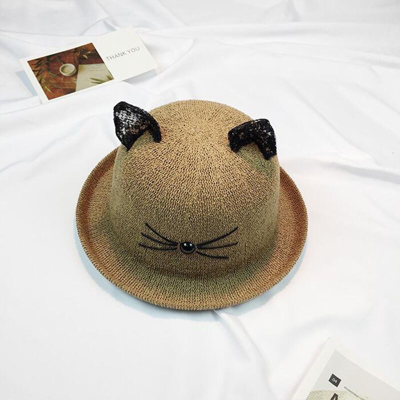 oZyc Sun Hat Women's Cat Lace Ear Summer Straw Hats For Women Beach Headwear 8 Colors Chapeau Femme Bucket Hat: 1