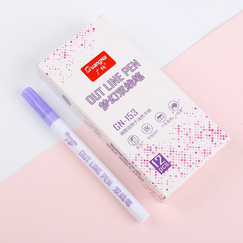 12 Magic Double Lines Art Markers Pen Out Line Pen Fine Liner Marker Fineliner Calligraphy Lettering Pen Color Scrapbooking Pens: Purple 12pcs