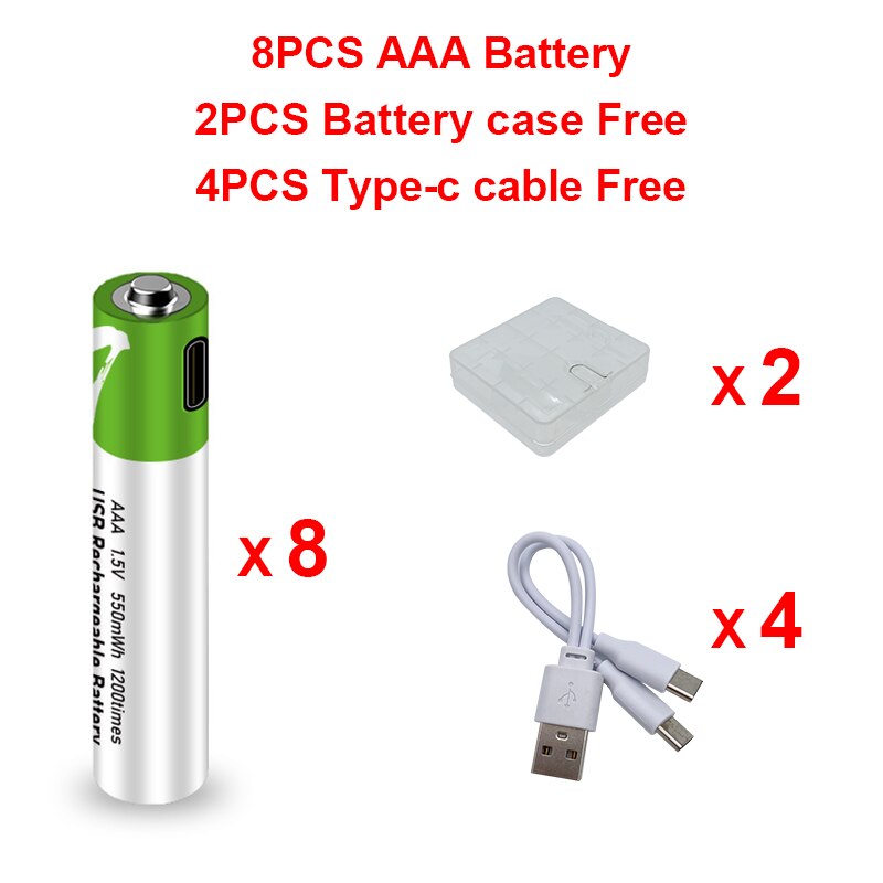 Pilas AAA de iones de litio de 1,5 V, recargables por USB, 750 mWh, para control remoto, ratón inalámbrico + Cable: 8 PCS AAA and 4Cable