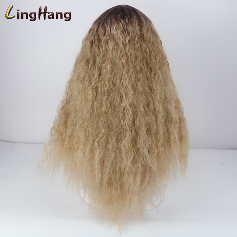 Peluca larga ondulada negra de LingHang, pelucas onduladas sintéticas para mujeres negras, pelucas de parte media Natural, pelo resistente al calor