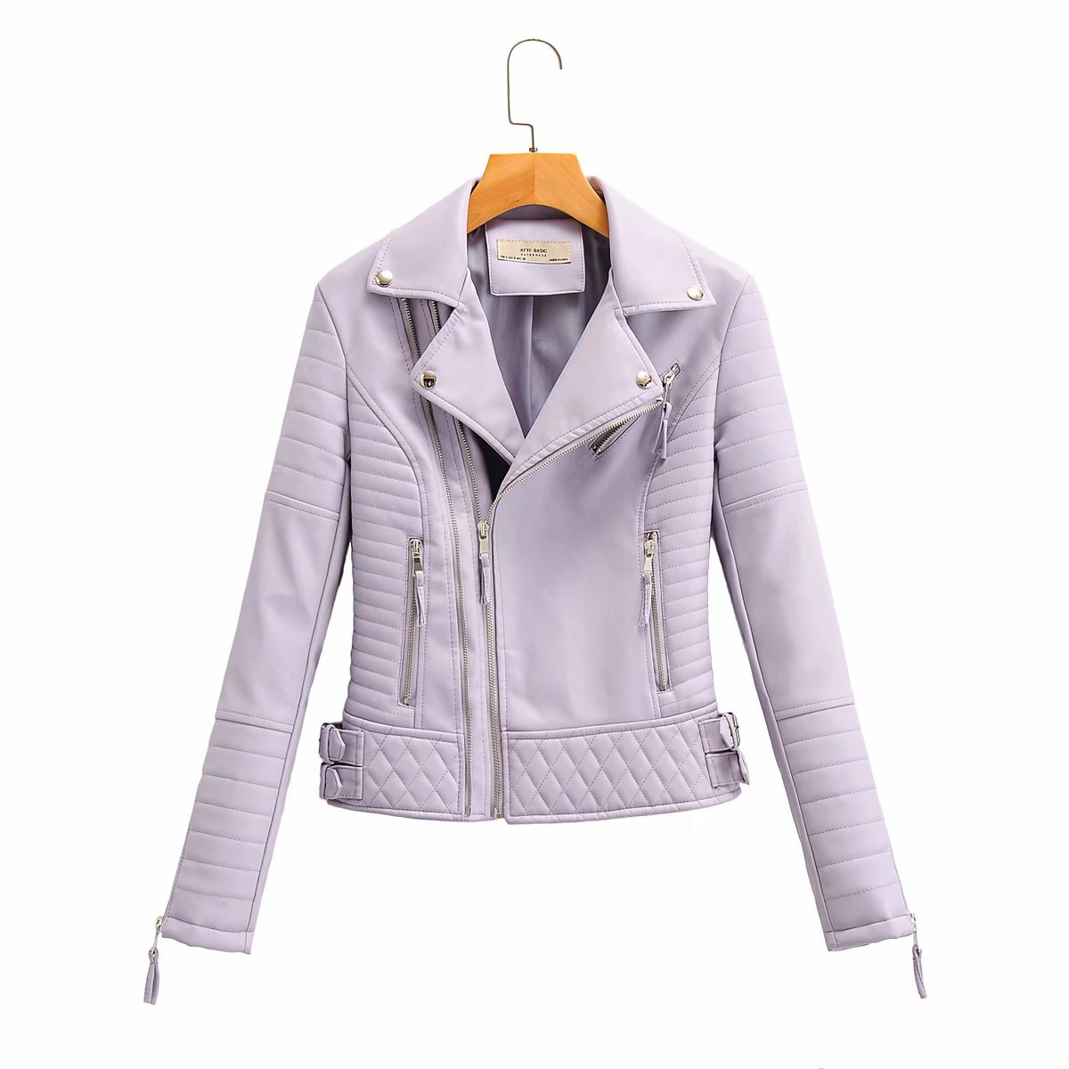 Women's Leather Jacket Motorcycle Autumn Long Sleeve Zipper Soft Faux Leather Jackets White Ladies Female Coats Outerwear: purple / XL
