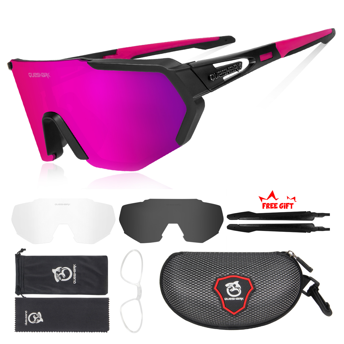 QUESHARK mujeres hombres polarizadas 3 lentes conjunto ciclismo gafas de sol deportes MTB bicicleta gafas montar bicicleta de carretera gafas QE42: Rosa