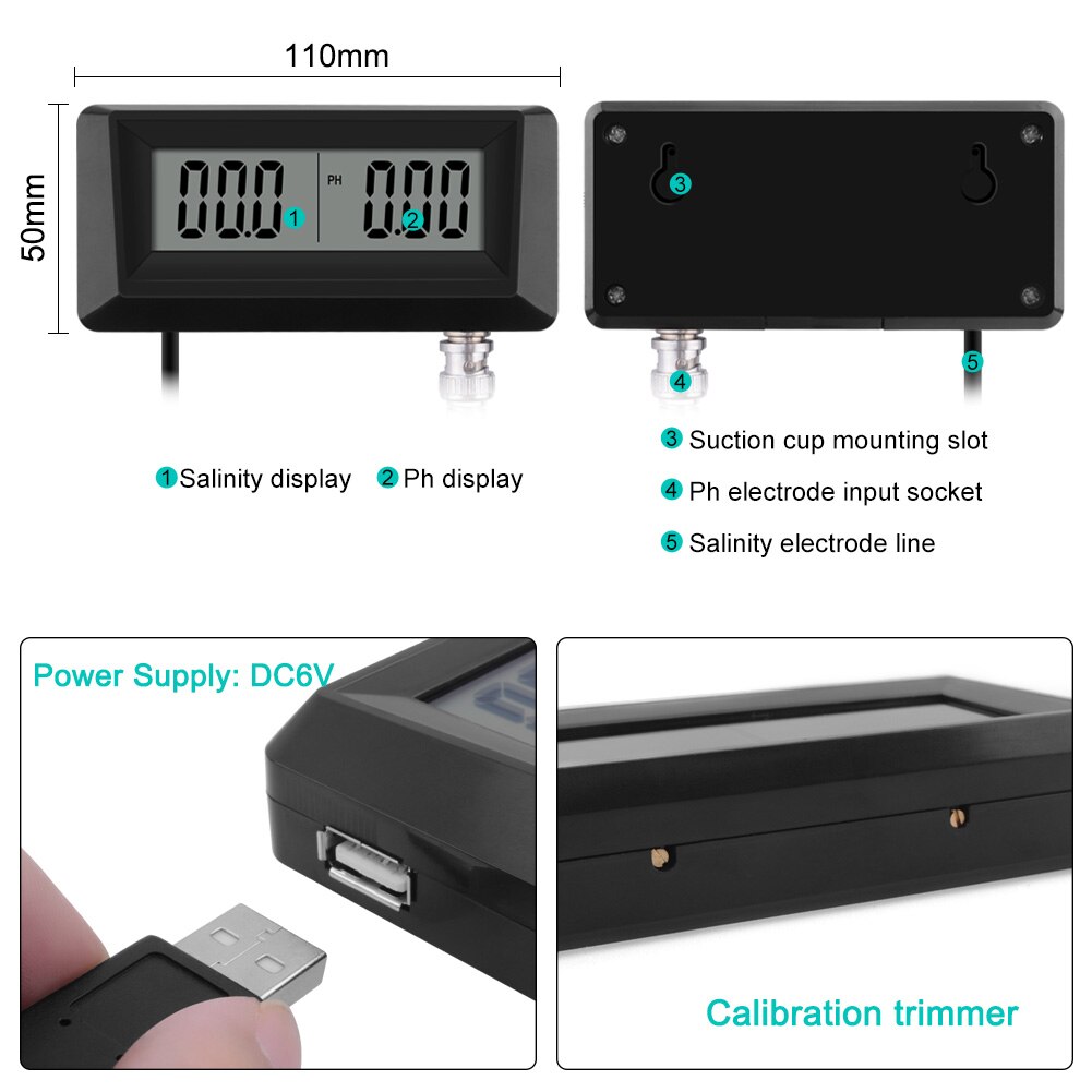 Monitor de PH y salinidad en línea, medidor de ph 2 en 1 y comprobador de salinidad para acuario, piscina, spa, agua de mar, hortícola del agua