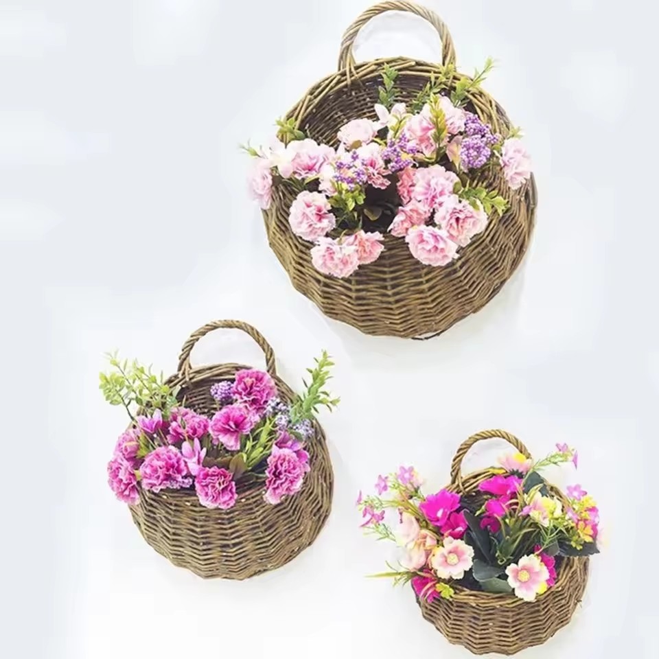 Hand Made Wicker Rattan Flower Planter Wall Hanging Wicker Rattam Basket Garden Vine Pot Plants Holder Garden Pots Wall Planter