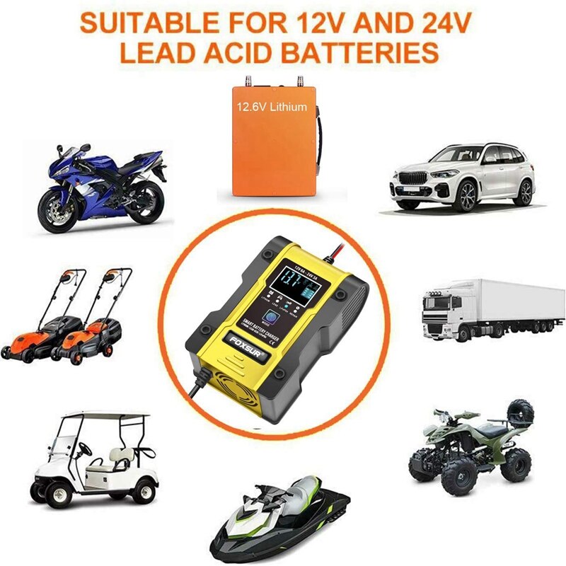 FOXSUR 12V/24V Car Battery Charger 6A 12.6V Lithium Battery Charger Smart Battery Charger for Motorcycle
