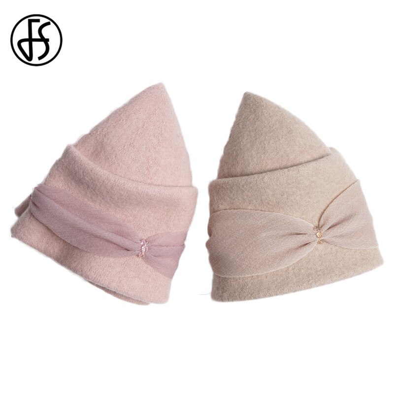 FS Vintage rosa mujer Lana Cloche gorra redonda invierno Fedora cubo Beige vino rojo Bowler sombrero chica gorras