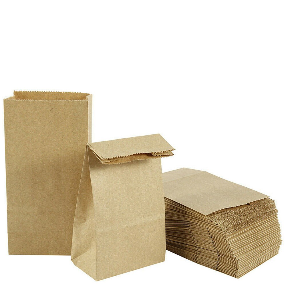 100Pcs Brown Kraft Paper Lunch Food Carrier Bags Takeaway With Flat Handles Disposable Environmentally Packaging Paper Bags