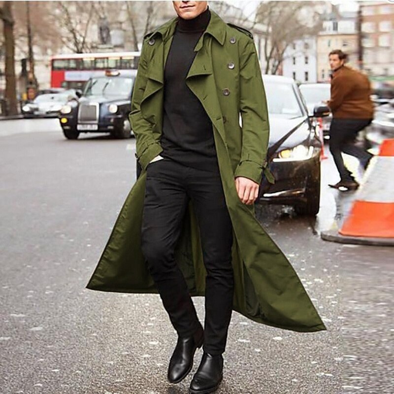 Trench Coat Men Jacket Mens Overcoat Casual Slim Fit Windbreak Plus Size Solid Long Coat Men Winter Coats Homme: Army Green / XL