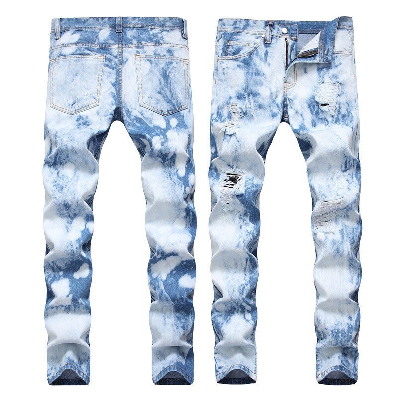 2021high street jeans rasgado masculino casual fino ajuste denim calças ponto branqueamento reta estiramento jeans azul claro