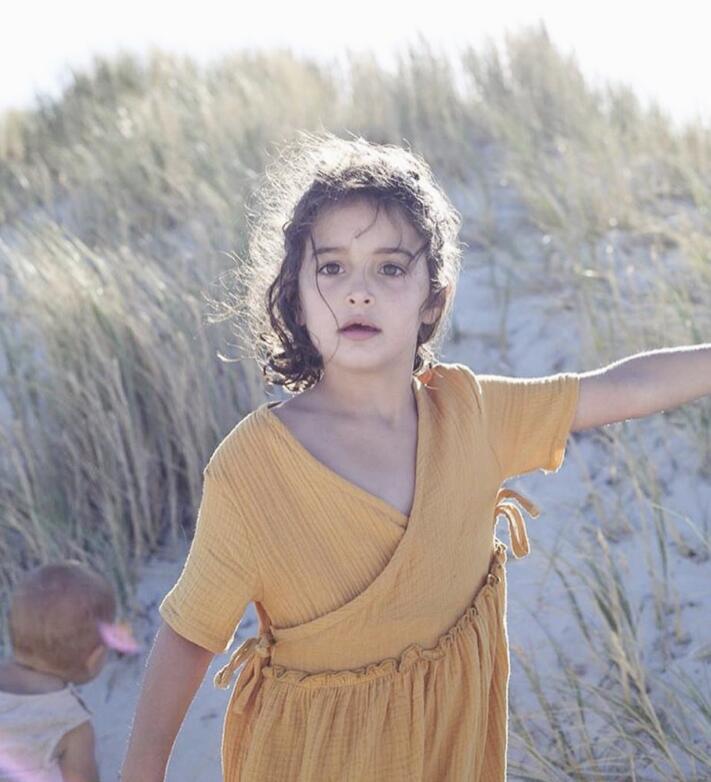 Ins Europa y América niños niñas vestido Casual ropa de lino volantes dulce princesa niños ropa: Amarillo / 3 años