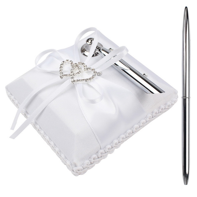 Bröllop gäst närvaro bok pennhållare set med dubbel hjärta rosett diamant dekoration signatur bok bröllop leveranser