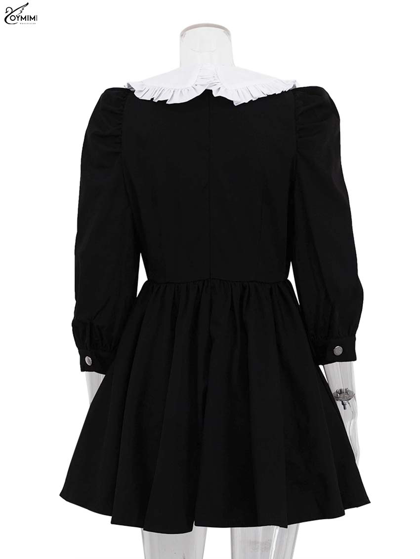 Oymimi Elegantes schwarzes Patchwork-Damenkleid, lässiges Peter-Pfanne-Kragen-Kleid mit drei Viertelärmeln, modische plissierte Minikleider