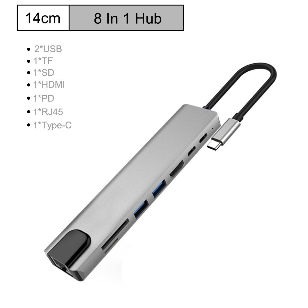 8in1 Usb C Hub Naar Hd 4K RJ45 USB3.0 Sd/Tf Kaartlezer Pd Opladen Type C Docking station Voor Laptop Macbook