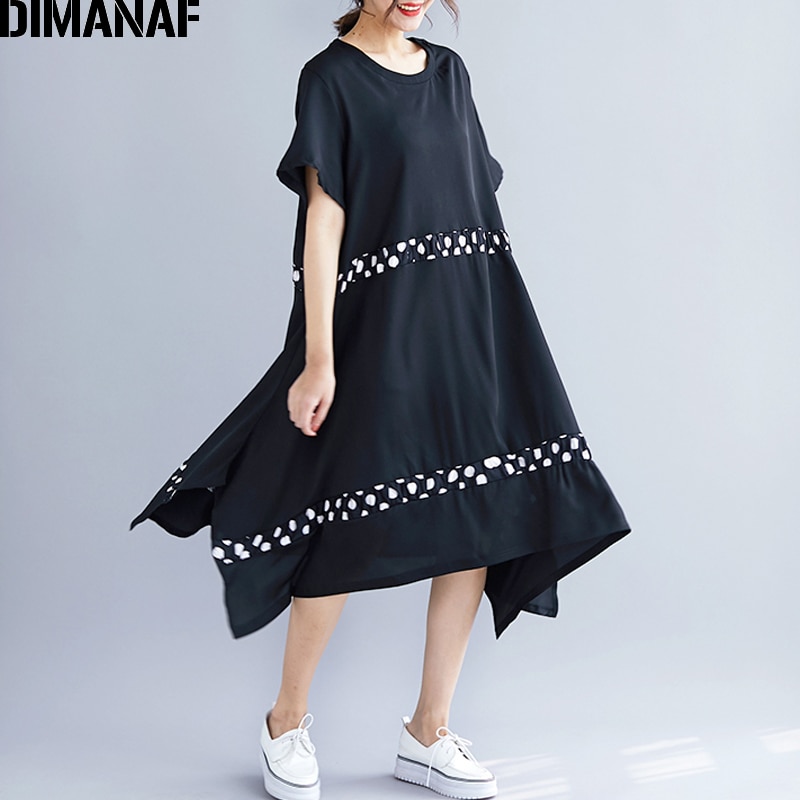 Dimanaf verão feminino plus size vestido de impressão ponto preto emendado casual feminino vestidos moda tamanho grande vestido solto a linha 2020