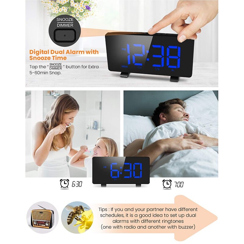 Digital Alarm Clock, ELEGIANT Alarm Clocks for Bedrooms with FM Radio,Dual Alarms,6.7 inch LED Sn,USB Port for Charging,Auto