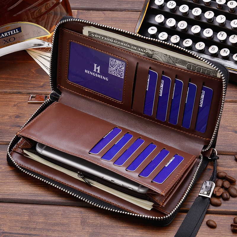 Men&#39;s Leather Wallet Zipper Long Purse Big Capacity Clutch Phone Bag Wrist Strap Coin Purse Card Holder For Male