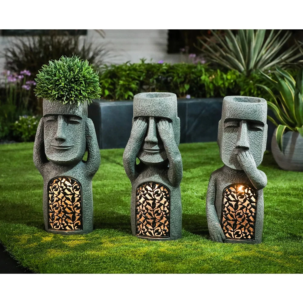 See Hear Speak No Evil Garden Easter Island Statues Resin Sculpture Outdoor Decoration Home Vase Statue Decor Figurine