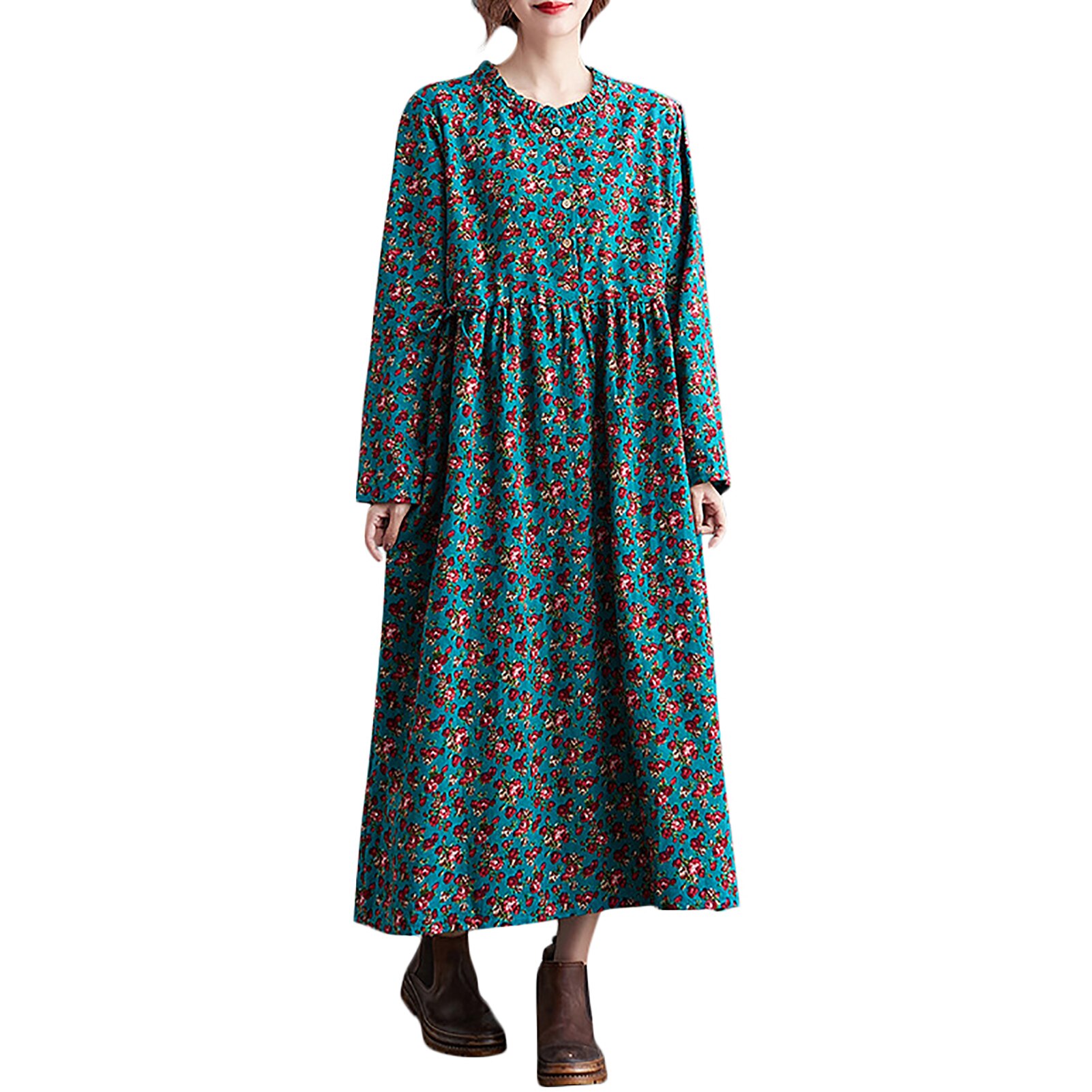 Vintage imprimé fleuri femmes robe coton lin plissé O cou taille cordon à manches longues poche latérale robes décontractées en vrac: Bleu / XXL