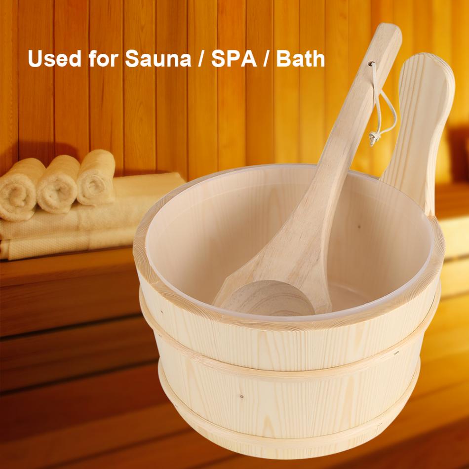 Bøtte med plastforing baderom naturlig tre bøtte øse sett for sauna spa bad tilbehør badstue bøtte