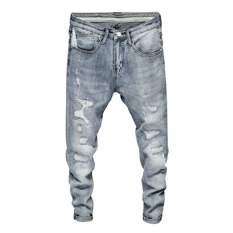 Herre ripped skinny jeans grå lyseblå elasticitet high street wear hip hop patchwork biker jeans mandlige denim bukser flosset homme: Lyseblå / 36