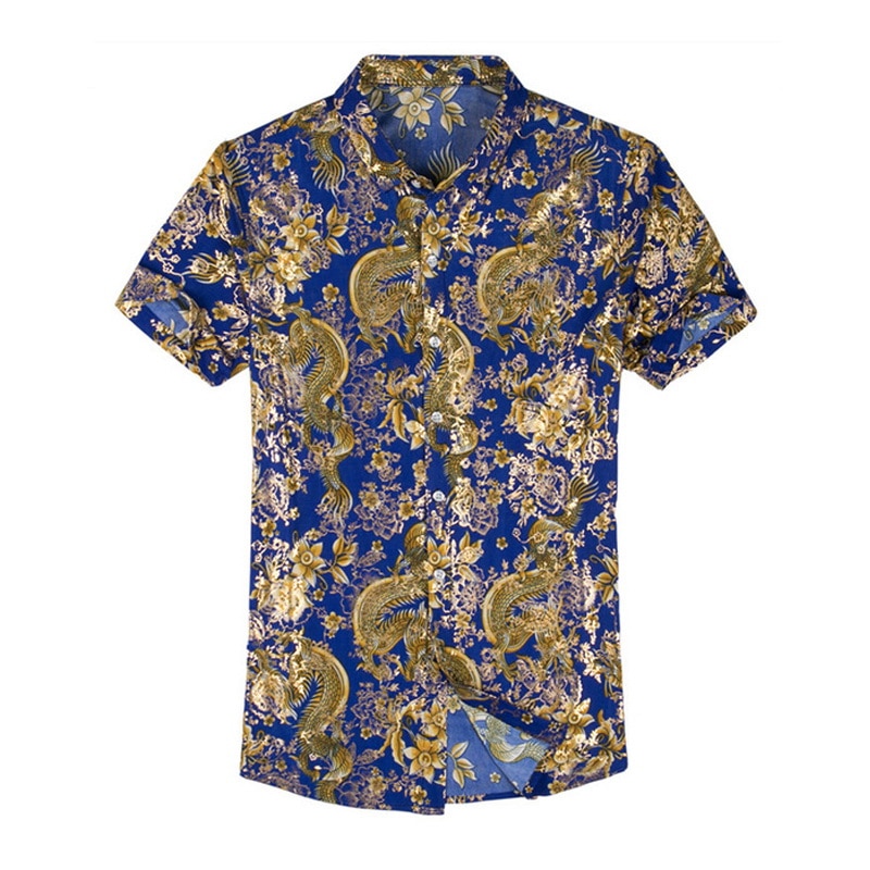 Hawaiian Casual 80% Silk Shirt Men Short Sleeve Both Sides Print Chinese Dragon Nation Flower Beach Summer Clothes