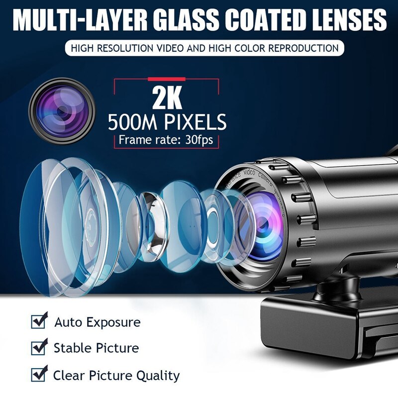 2K USB Webcam HD Camera Auto Focus Webcam with Microphone and Tripod for PC Laptop Notebook TV Computer Video Web Cam