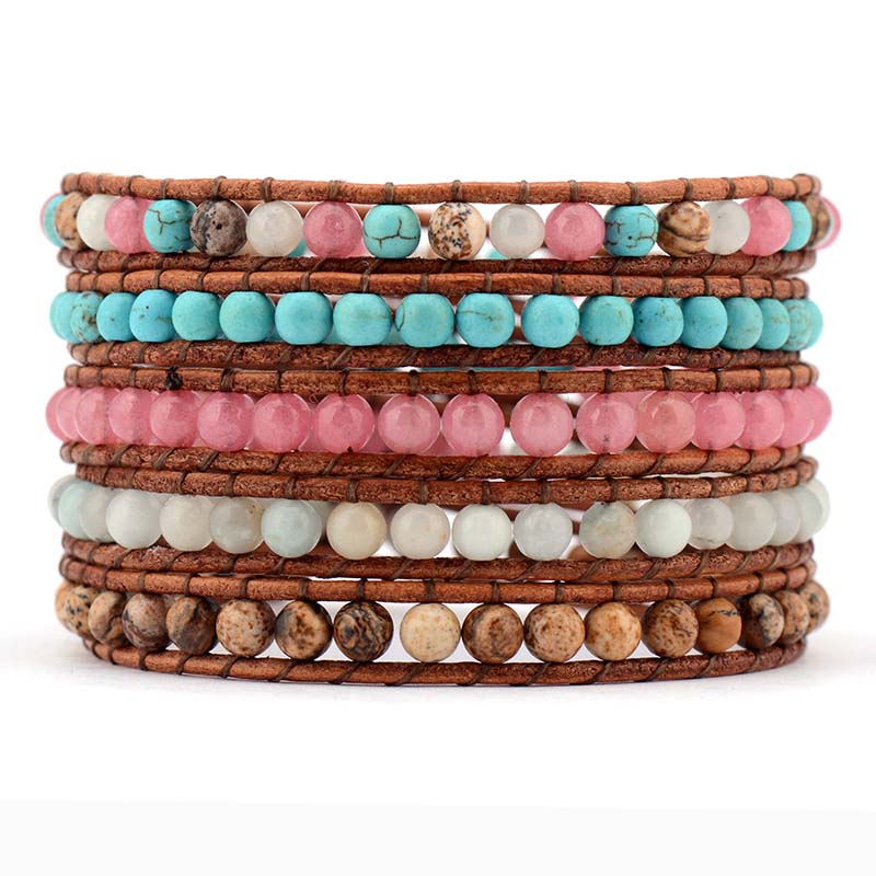 High End Mix Natural Stones 5 Layers Leather Wrap Bracelets Multilayer Weaving Beaded Bracelet Handmade Bracelet