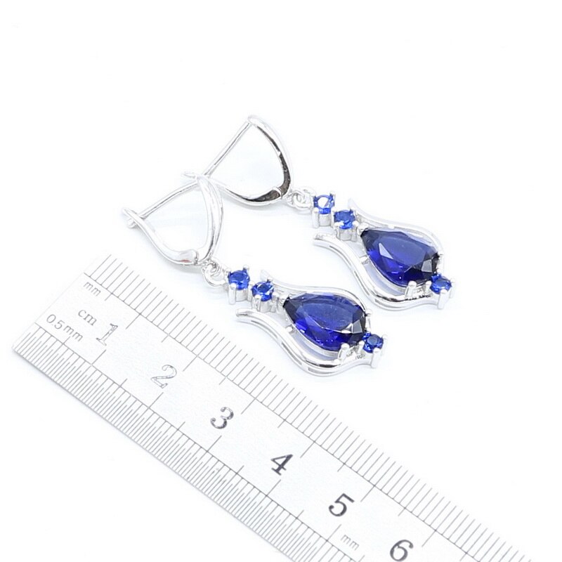 Niebieski szafir spadek kolczyki naszyjnik srebrny 925 komplet biżuterii damskiej bezpłatny prezent biżuteria ślubna
