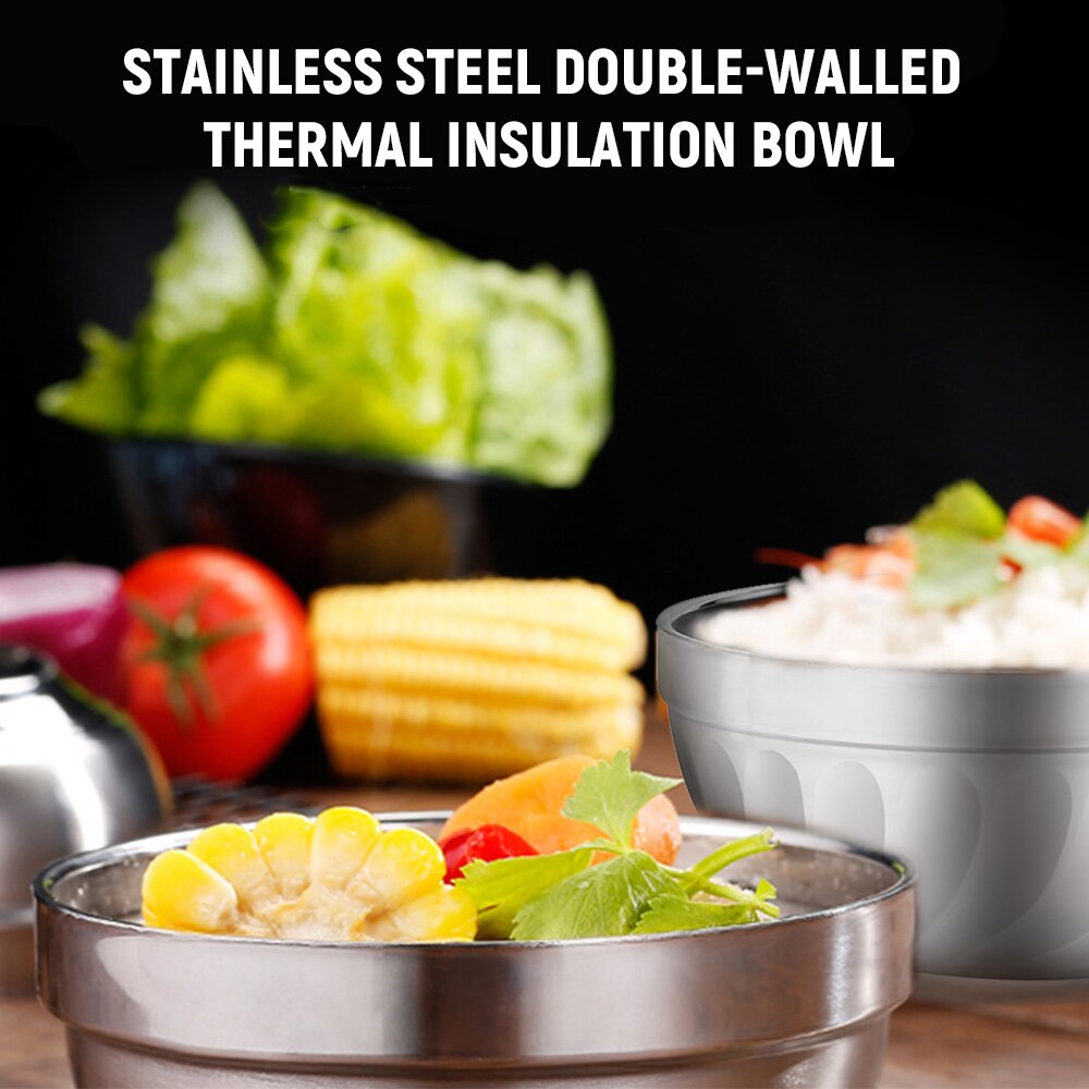 Stainless Steel Bowl Anti-Scald Double-Wall Thermal Insulation Bowls Non-Slip Food Soup Bowl Kitchen Utensil for Cooking Baking