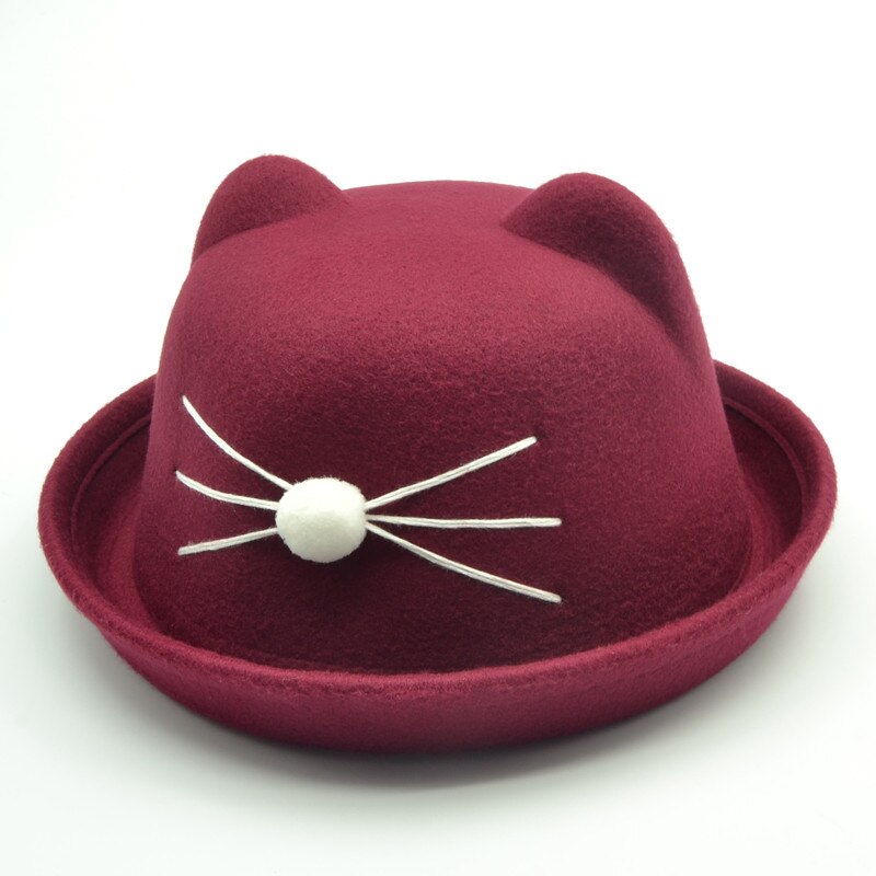 child bowler hat wool felt Fedora hats for Women Girls Children solid Cat Ear formal cap trilby Sombrero Derby 6 colors: Auburn