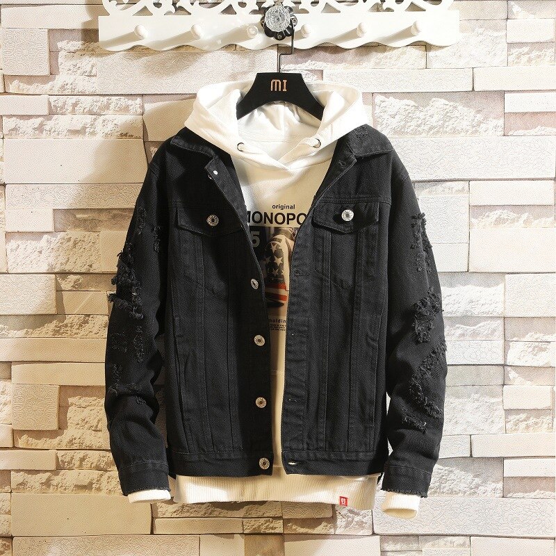 herbst See Denim Jacke Männer Zerrissene Cowboy Jacken Mantel Männlichen schlank passen Feste Beiläufige Mäntel Baumwolle Weiß Schwarz Plus größe 3XL: Schwarz / L