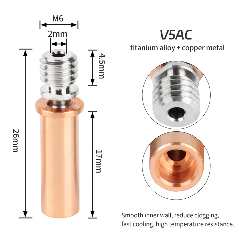 Garganta bimetálica CR6 SE, rotura de calor, alta temperatura, aleación de titanio y cobre rojo, Garganta V6 para Anycubic VYPER Mega S Mega Pro, 1/2 Uds.: 1,5 mm / Negro