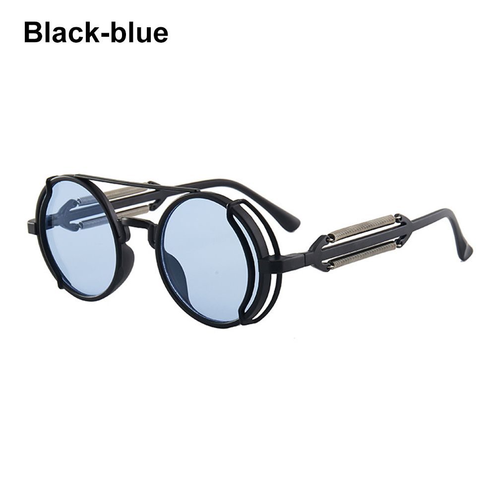 Gothic Punk UV400 Bescherming Trendy Ronde Zonnebril Steampunk Zonnebril Mannen Eyewear Zonnebril: Black-Blue