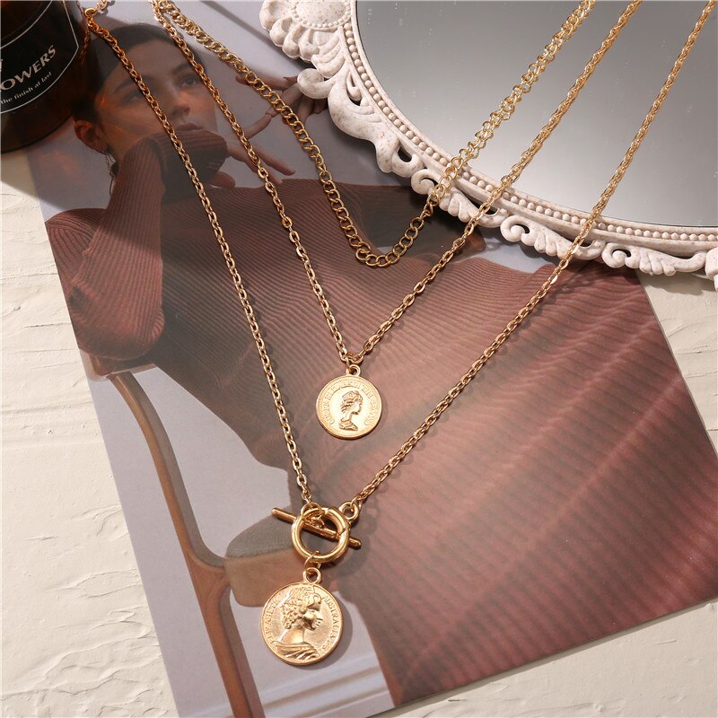 Bohemian Multi-layered Portrait Coin Necklace For Women Gold Geometric Round Lock Pendant Necklaces Sweater Jewelry