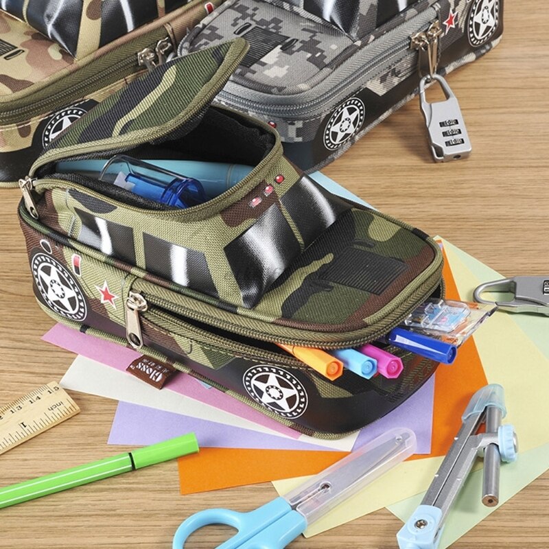 Vehicle Pen Pouch Bag With Combination Lock Pencil Case Double Zipper For Boys Canvas School Pencil Box Storage