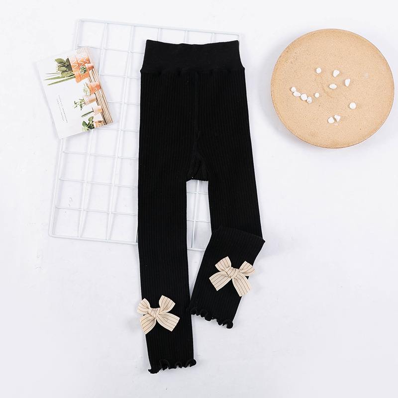 Girls Leggings Spring Autumn Cotton Baby Girls Ribbed Pants White Pink Gray Black Baby Toddler Pants Little Girl Bow Tie Pants: Black / M(110-120cm)