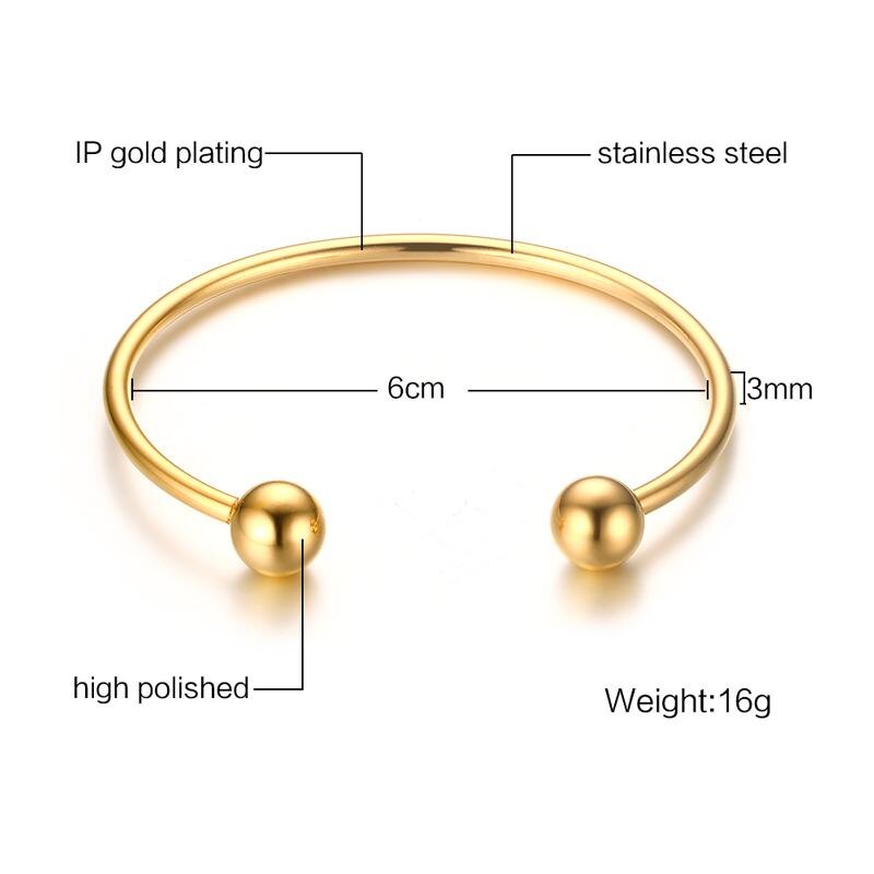 Charm Ball Cuff Bangle Women Bracelet Stainless Steel Gold Color Stackable Daily Jewelry