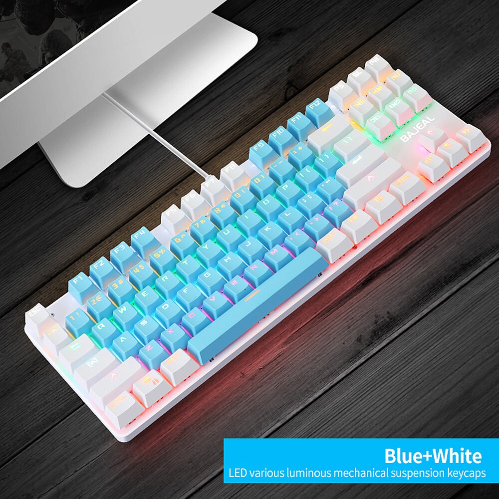 BAJEAL K100 87 Keys Wired Gaming Mechanical Keyboard Mixed Light Mechanical Keyboard with Blue Switch Suspension Button For PC: Blue White