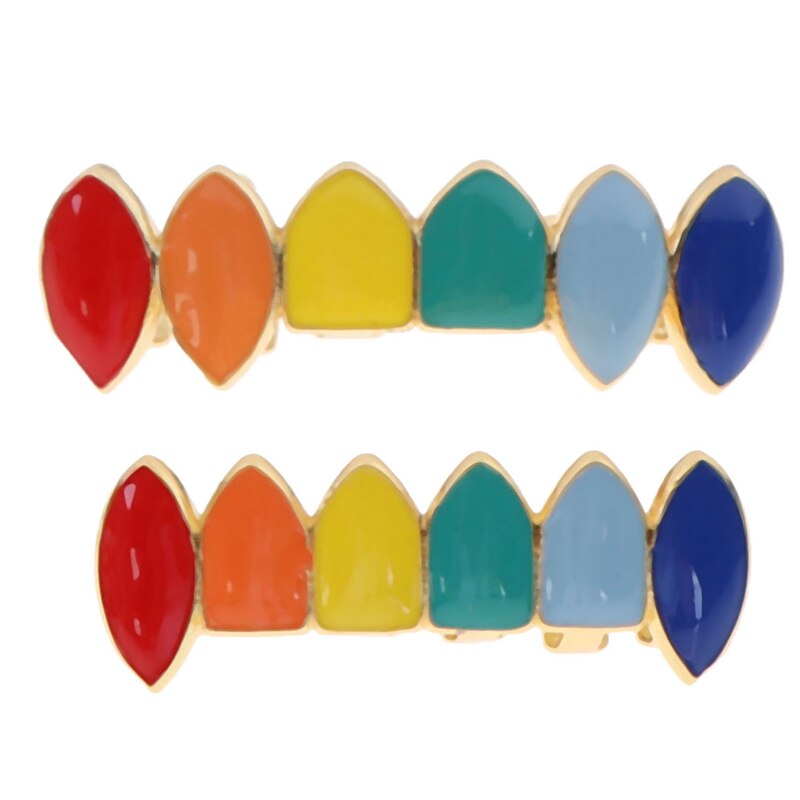 Gold Rainbow Teeth Grillz Top&Bottom Colorful Grills Dental Halloween Vampire Teeth