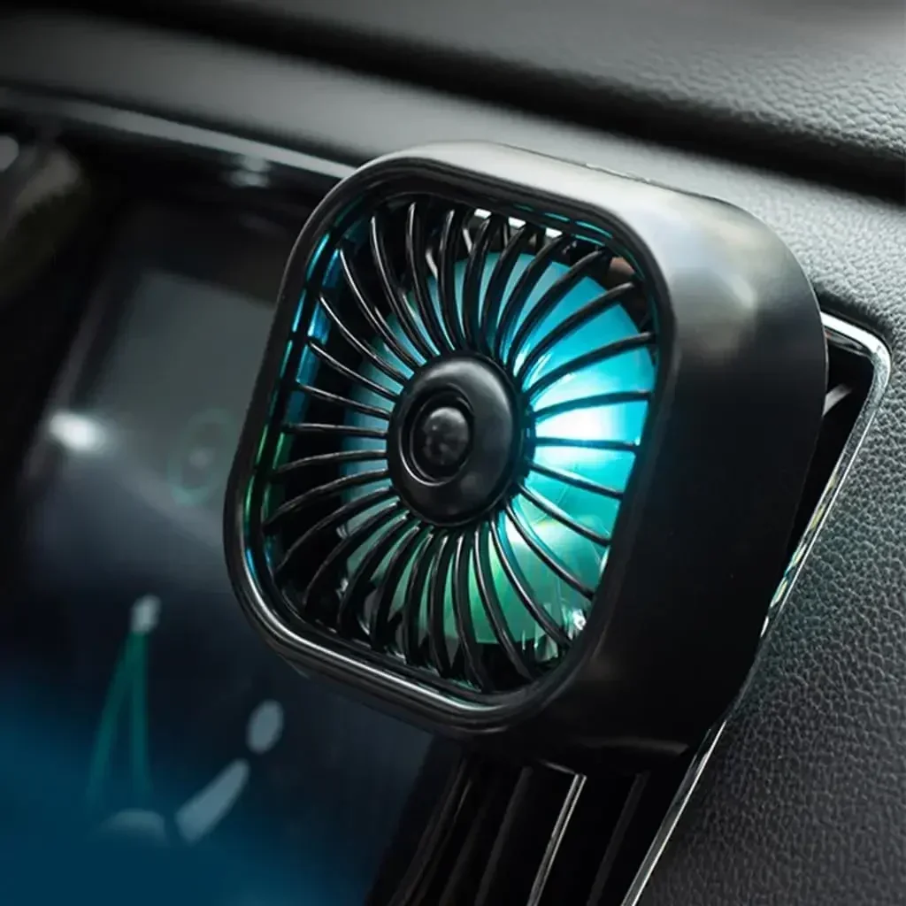 Mini ventilador de refrigeración para salida de aire de coche, luz LED colorida, ventilador con Clip USB de bajo ruido, salida de aire para coche de 3 velocidades, Mini aire acondicionado: Negro