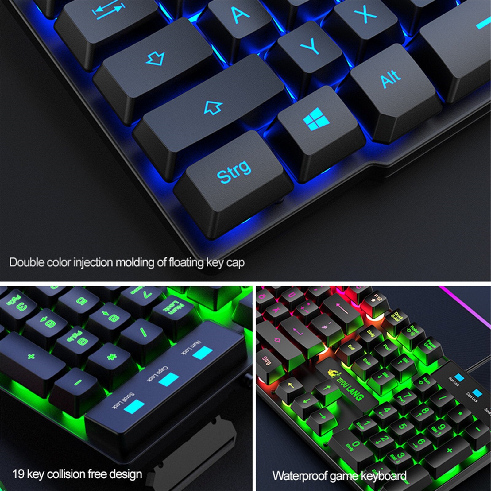 German keyboard rainbow backlit wired USB ergonomic waterproof game keyboard and 2400DPI 6 key LED notebook game mouse