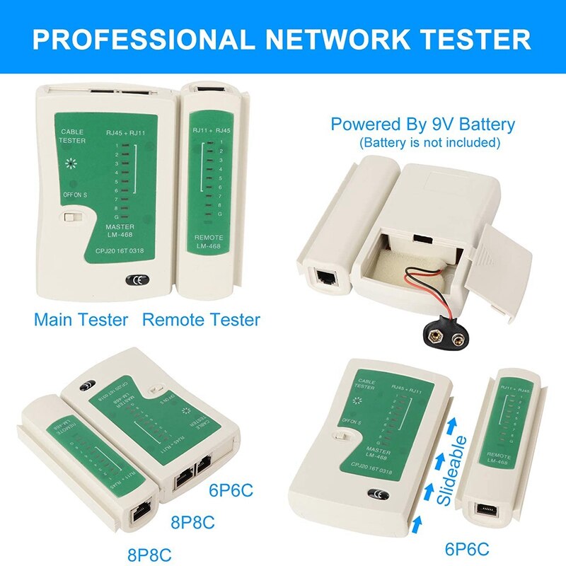 RJ45 Crimping Tool, Cut, Strip Tool with Cable Tester, Cat5 Connectors,Covers,Network Wire Stripper