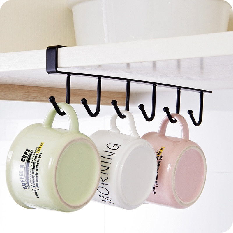 6 Hooks Cup Holder Hang Cabinet Under Shelf Organiser Hook Kitchen Cupboard Storage Rack Hanging Hooks Home Organizing Tools