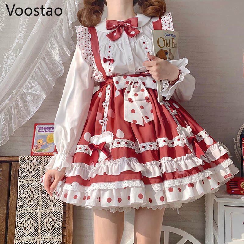 Vestido de estilo japonés gótico de Lolita para mujer, ropa Kawaii con estampado de puntos, fresa dulce, Harajuku, femenino, con tirantes