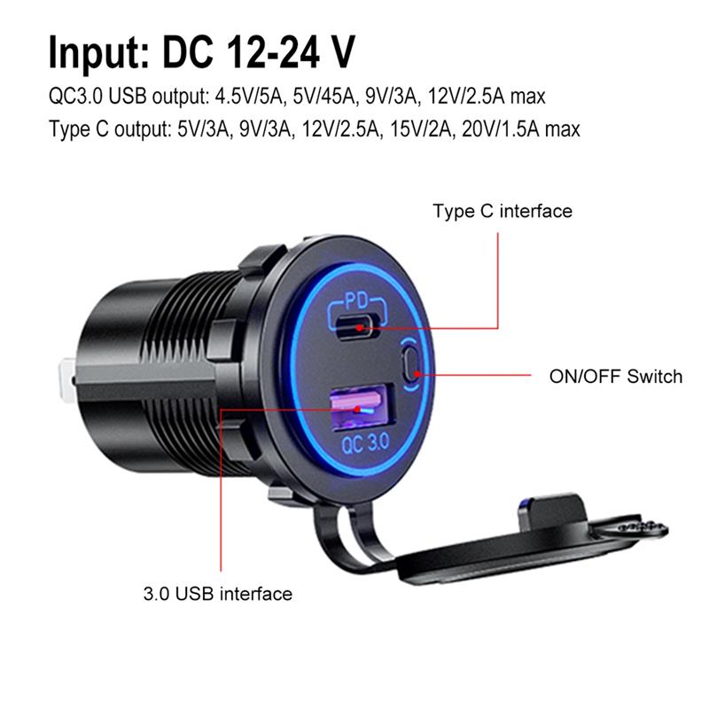Wasserdicht 12V 24V QC 3,0 Typ C Dual USB PD Schnelle Auto Ladegerät mit Energie Schalter für Lkw motorrad Marine Stiefel SUV ATV Cellphon